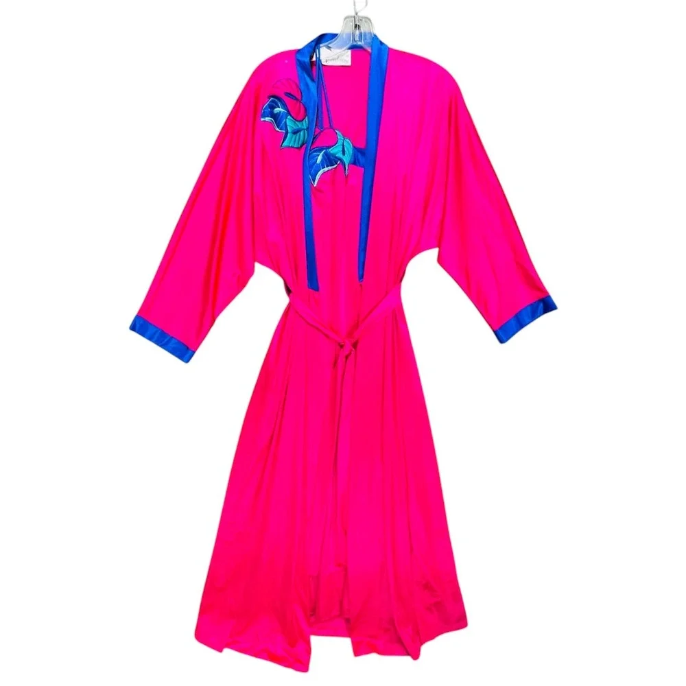 VTG Bright Pink Blue Gown Satin Slip Robe Set Tropical Monstera Leaf M Peignoir